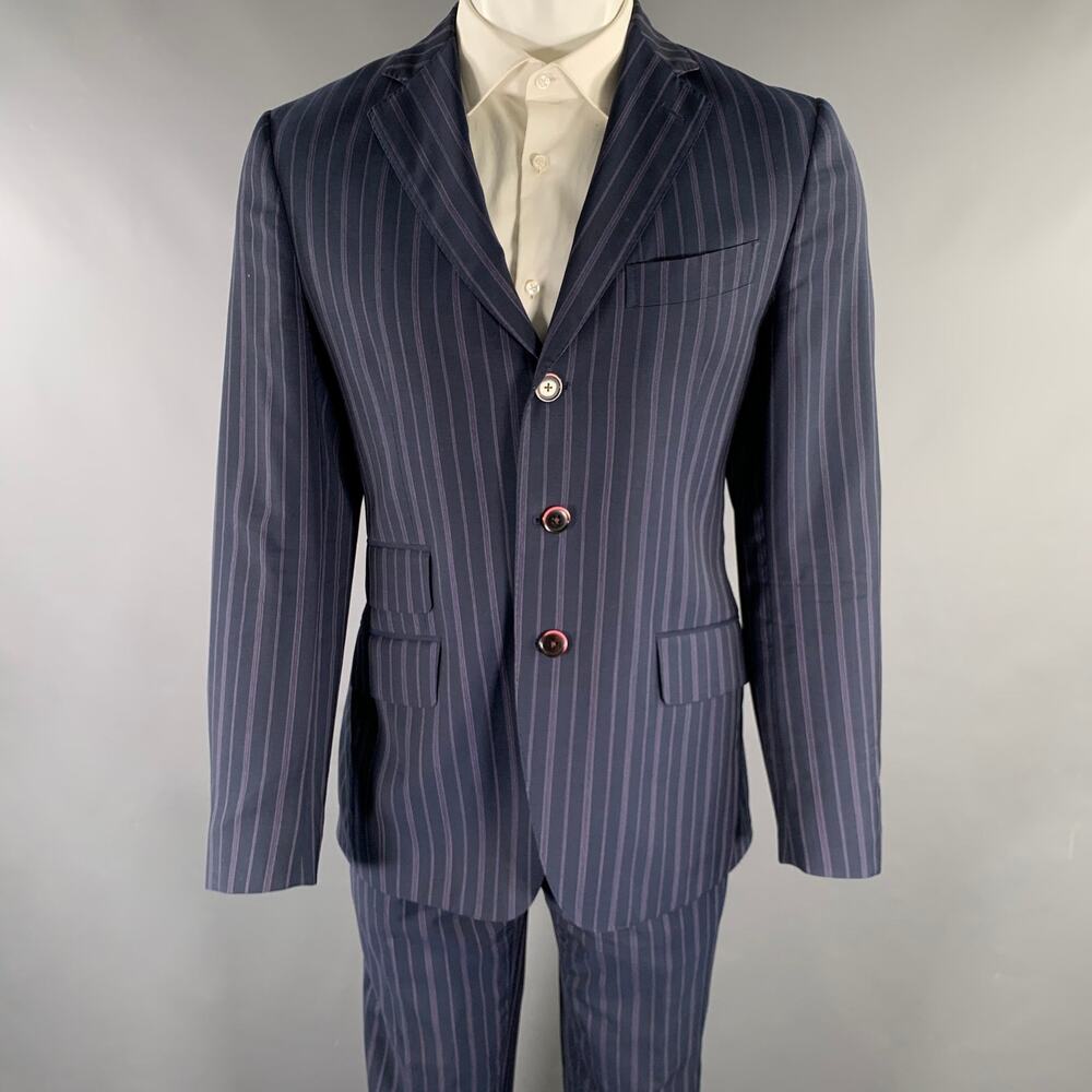 ETRO Size 38 Navy Purple Pinstripe Wool Notch Lapel Suit